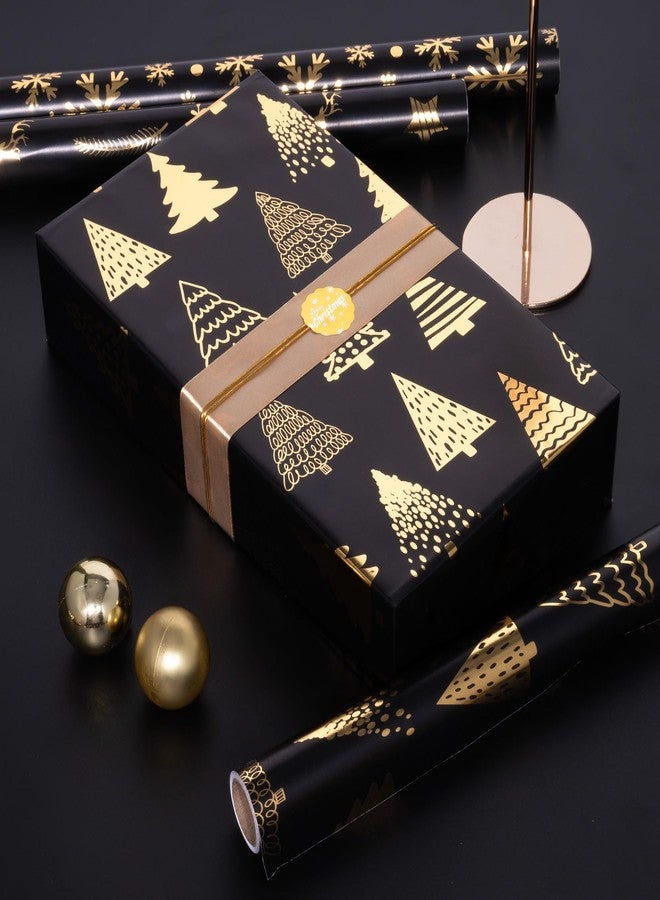 Toptime Christmas Wrapping Paper Roll, 17In x120In Black Gold Gift Wrapping Paper with Gift Bows Stickers, Metallic Foil Wrapping Paper w/Snowflake Christmas Tree Reindeer Design for Holiday New Year - Image 3
